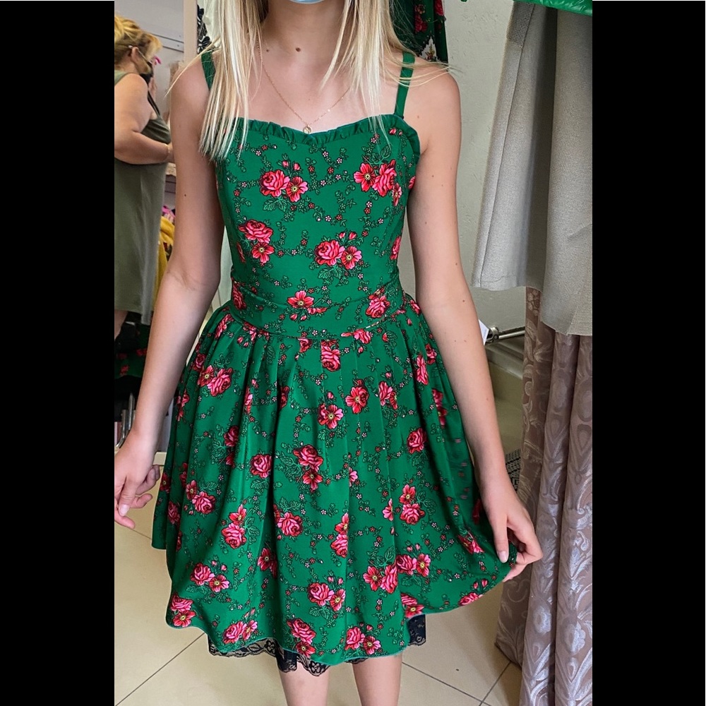 Handmade folk party dress size S lace up corset shoulderstraps belt green floral